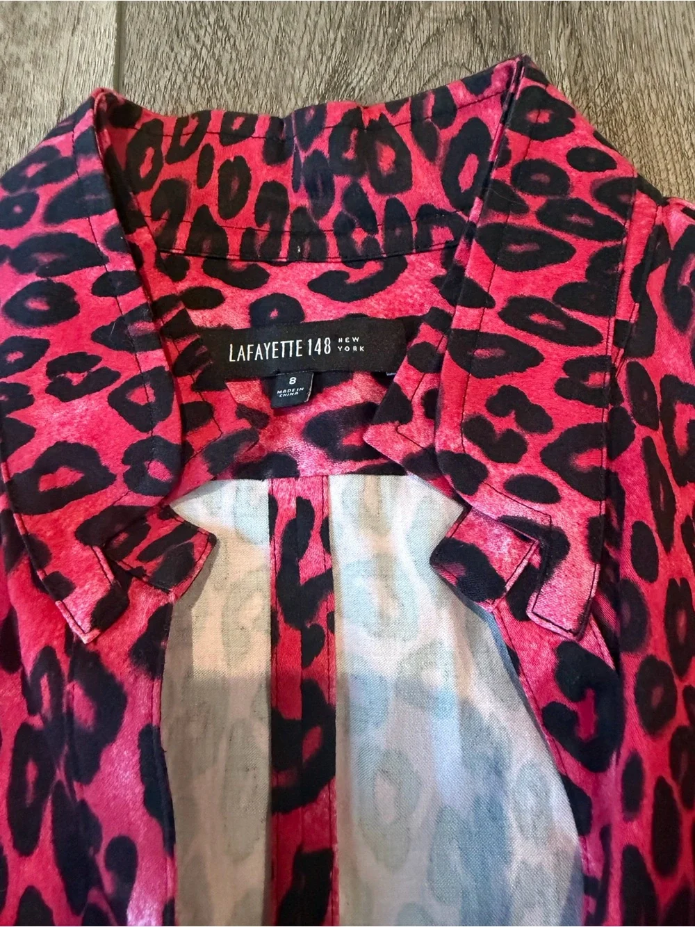 Lafayette 148 New York Pink Leopard Print Button-Front Blouse (8) - Picture 4 of 13